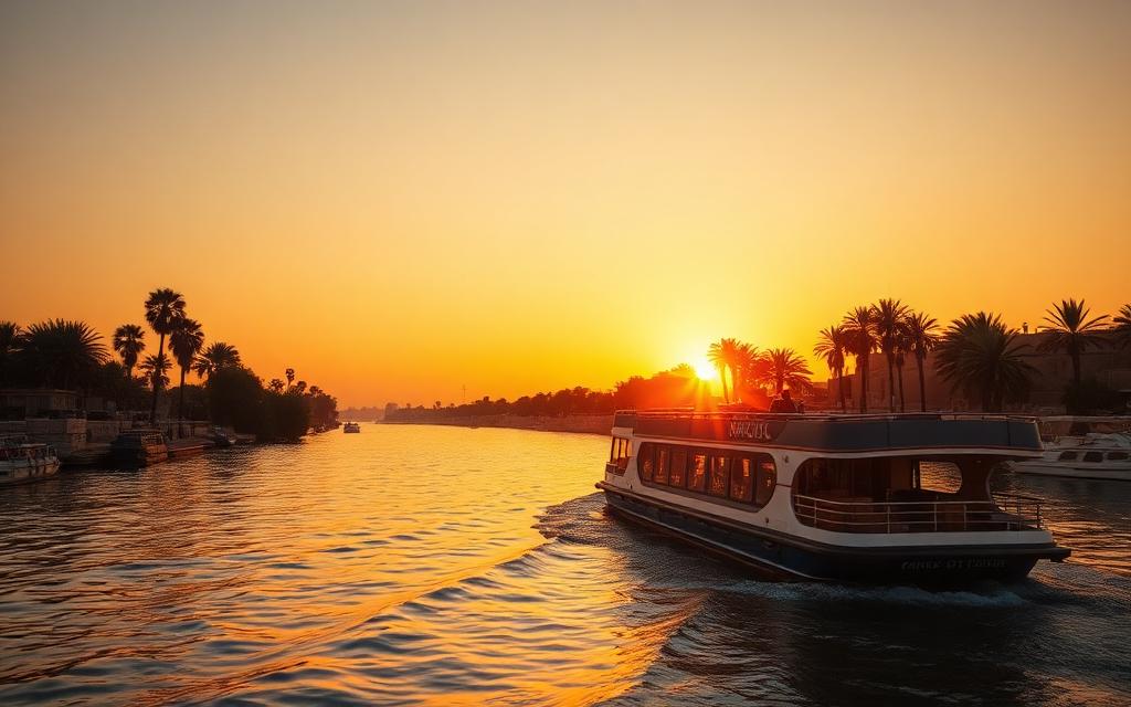 Nile cruise boat sailing at sunset in Egypt
